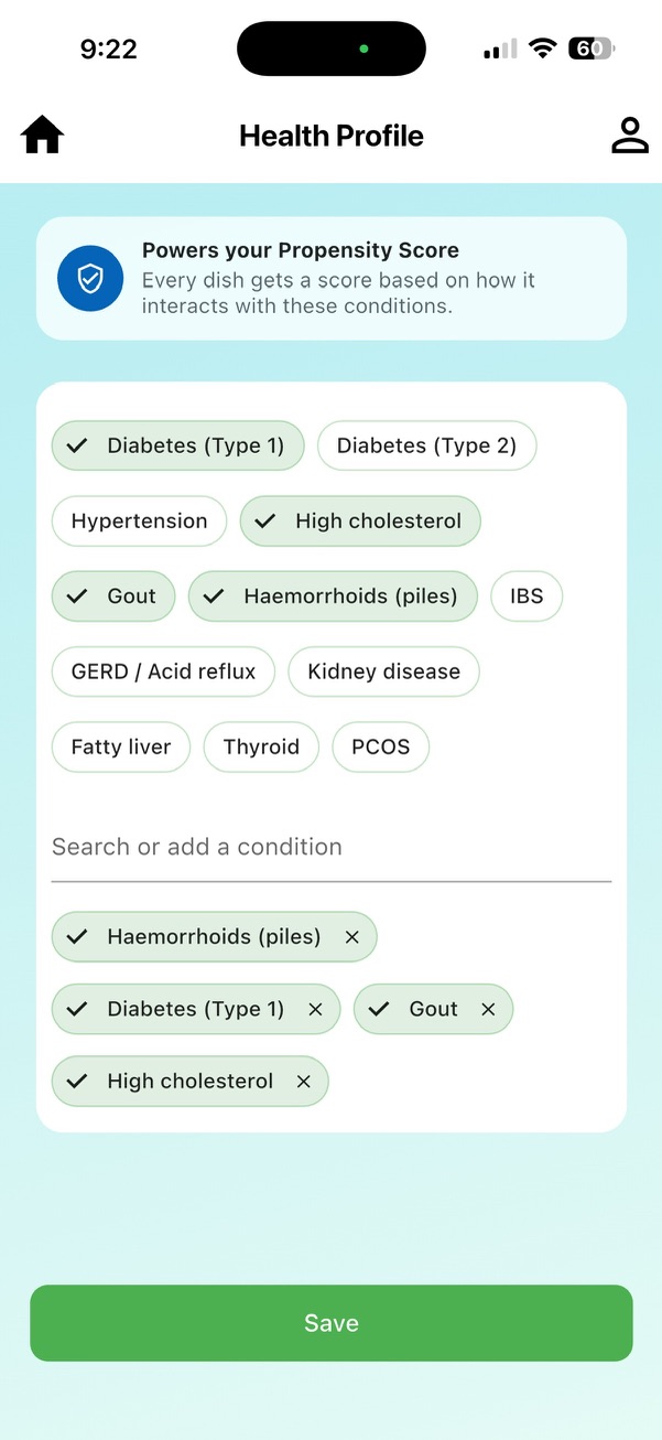 DietMaze Health Profile screen with selected health conditions