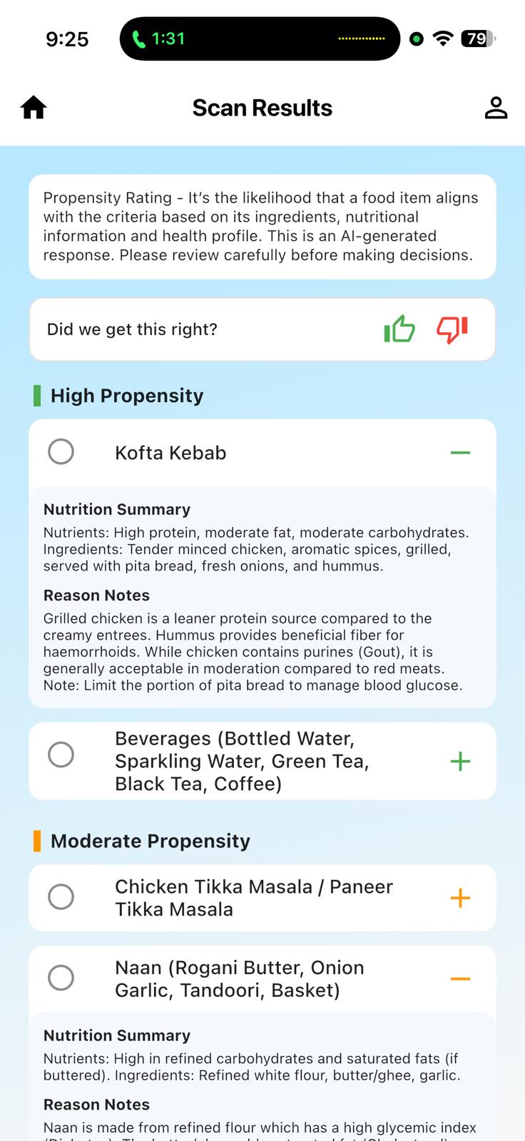 DietMaze scan results showing nutrition summary and transparent reasoning notes