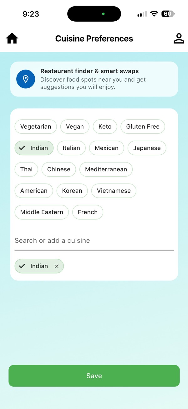 DietMaze Cuisine Preferences screen with Indian cuisine selected