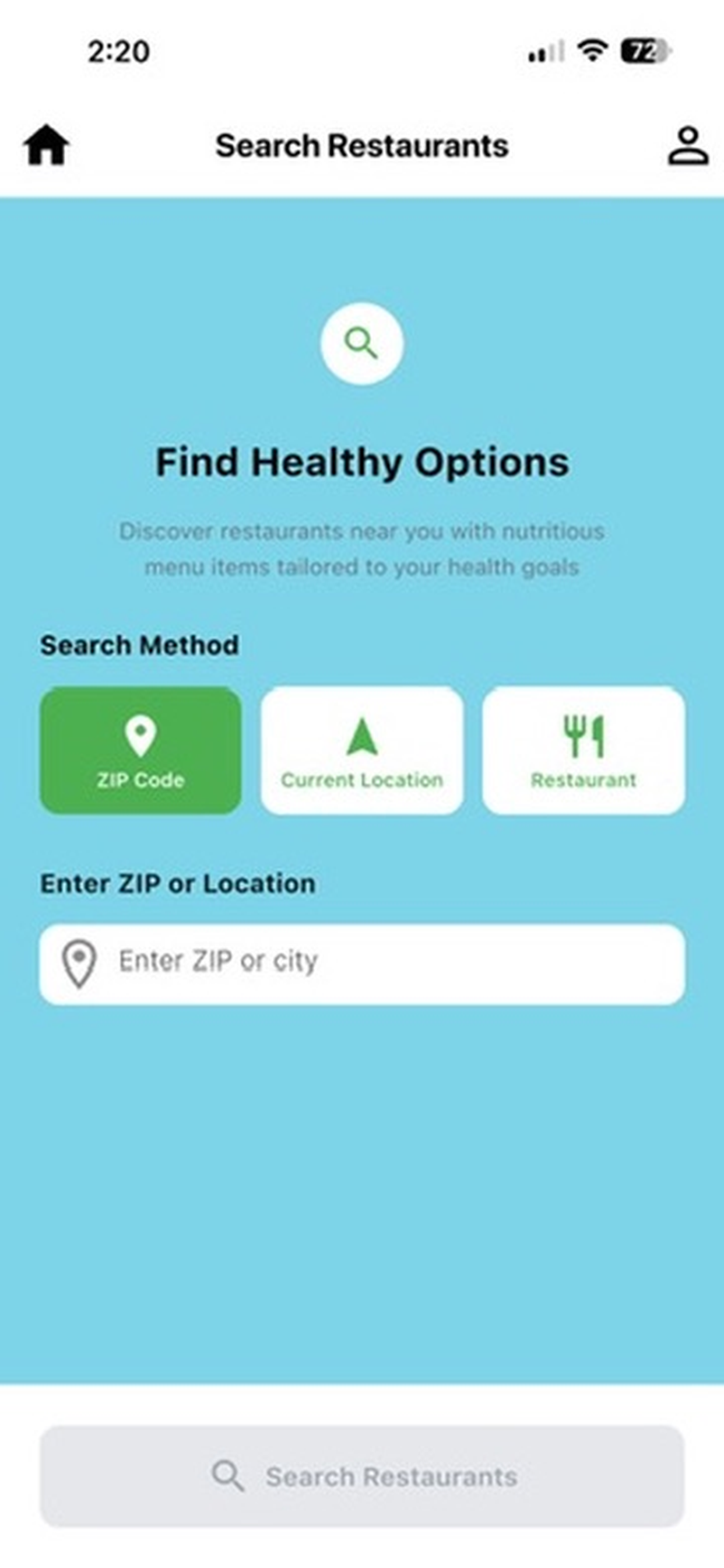 DietMaze restaurant search screen with ZIP code method selected