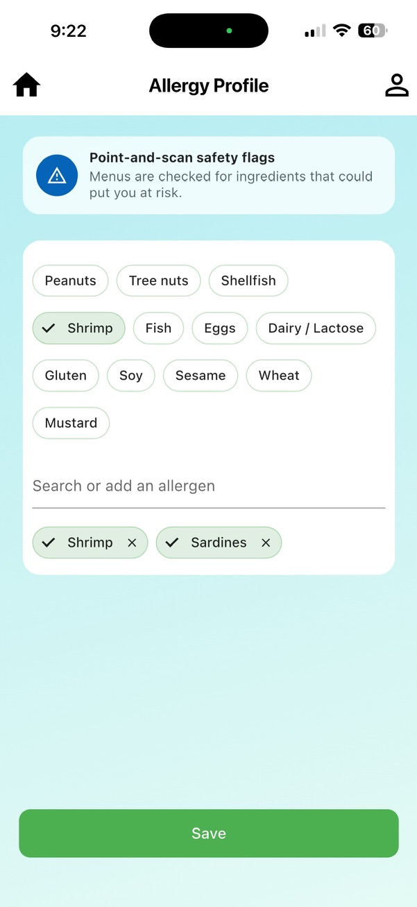 DietMaze Allergy Profile screen with selected allergens